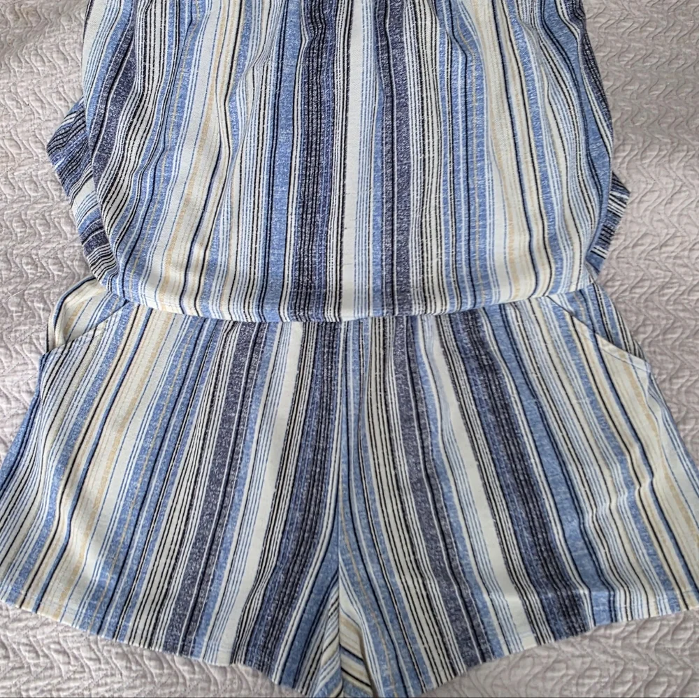BeBop Blue White Striped Tube Top Romper XL  Elastic Waist, Pockets, 2.5" Inseam - Picture 4 of 6